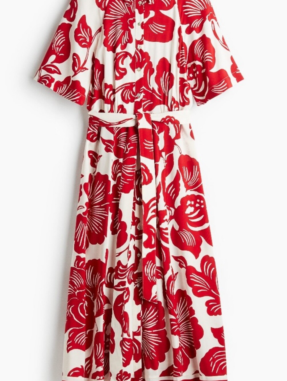 H&M Red and White Floral Tie-Waist Shirt Dress